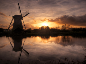 west, lake, Windmill, sun