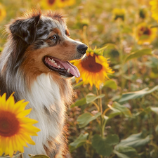 Nice sunflowers, dog, Australian Shepherd