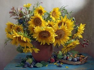 Fruits, basket, Nice sunflowers, Vase, Flowers