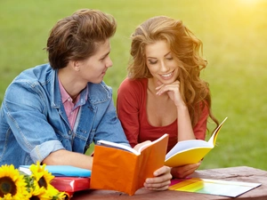 Women, Books, Nice sunflowers, a man