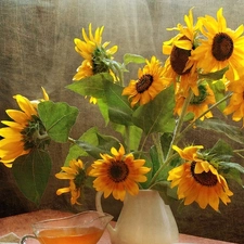 White, bouquet, sunflowers, bowl