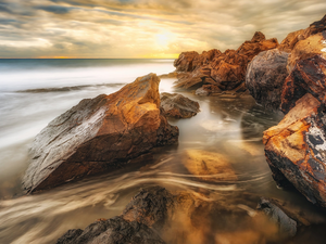 sea, Spain, Coast, Sunrise, rocks, Andalusia