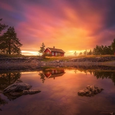 trees, viewes, Boat, lake, house, Ringerike, Norway, Sunrise