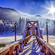 bridge, winter, Sunrise, River