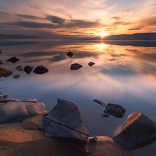 Norway, Stones, Sunrise, Lake Tyrifjorden