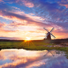 Windmill, clouds, puddle, Sunrise