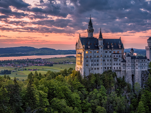 Neuschwanstein Castle, trees, clouds, viewes, Great Sunsets, Bavaria, Germany, The Hills