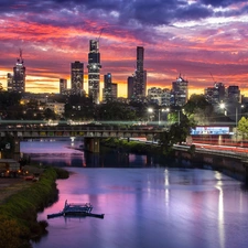 Melbourne, Australia, Town, skyscrapers, clouds, Great Sunsets, bridge, light, Yarra River