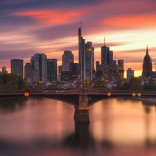 Frankfurt am Main, River Men, Great Sunsets, evening, bridge, skyscrapers, Germany