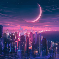 Town, skyscrapers, Great Sunsets, moon, graphics