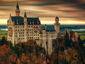 Bavaria, Germany, Neuschwanstein Castle, forest, Great Sunsets, Hill, viewes, autumn, trees