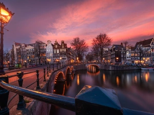 canal, Amsterdam, light, bridge, Netherlands, Houses, Great Sunsets