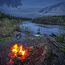 Big Fire, trees, Logs, twilight, River, forest, viewes, Great Sunsets, clouds, fire