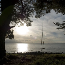 sea, trees, Swing, coast