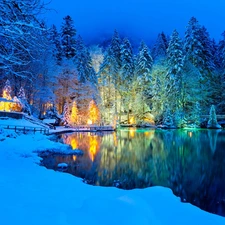 viewes, forest, Blausee Lake, trees, winter, snow, Switzerland