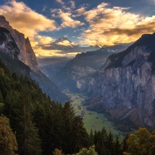 Lauterbrunnental Valley, Alps Mountains, Sunrise, trees, clouds, Canton of Bern, Switzerland, viewes