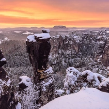 snow, rocks, Saxon Switzerland National Park, Děčínská vrchovina, winter, Great Sunsets, Germany