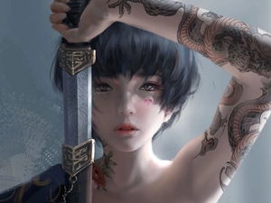 girl, tattoos, Paintography, sword
