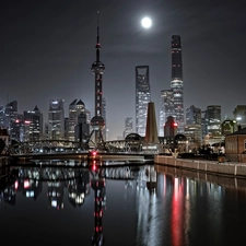 Szanghaj, China, Night, skyscraper, bridge