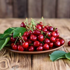 Table, plate, cherries