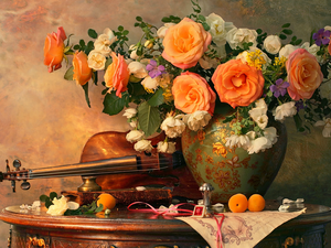 Vase, composition, apricots, table, violin, roses