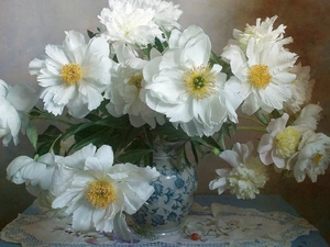 Peonies, Flowers, tablecloth, Table, Vase, White
