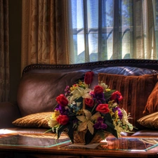 table, Window, flowers, couch, bouquet