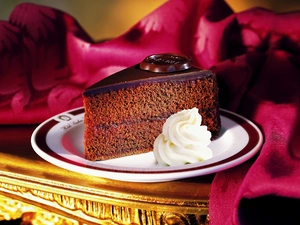 table, tablecloth, chocolate, plate, cake