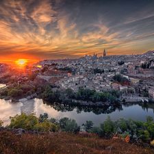 Tag River, buildings, Great Sunsets, trees, VEGETATION, Toledo, Spain, viewes