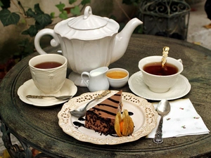 milk, service, piece, tea, porcelain, honey, Cake