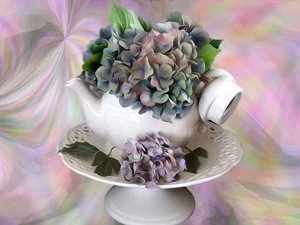 hydrangea, graphics, kettle, teapot, plateau, Flowers