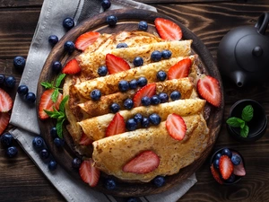 blueberries, teapot, Fruits, strawberries, pancakes