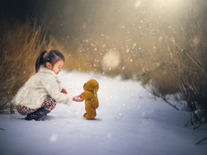 winter, snow, Plush, teddy bear, girl
