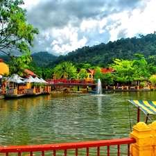 Mountains, Restaurant, terrace, lake