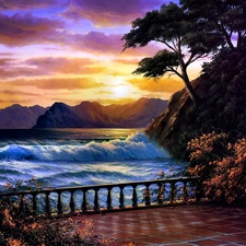 sea, Great Sunsets, terrace, Mountains