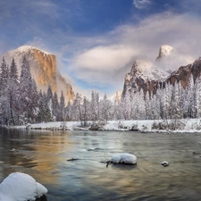 Merced River, Mountains, winter, Stones, Fog, The United States, California, viewes, trees, Yosemite National Park, clouds