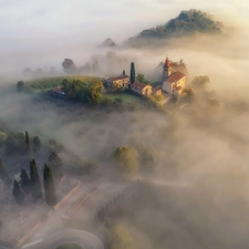 Houses, Tuscany, trees, Fog, Italy, The Hills, viewes
