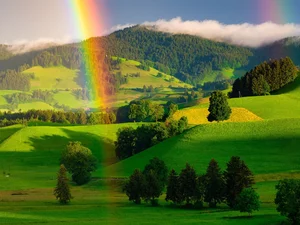 The Hills, forest, viewes, Mountains, Great Rainbows, trees, summer
