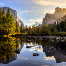 Yosemite National Park, Mountains, viewes, River, trees, State of California, The United States, Stones