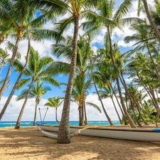 sea, Aloha State Hawaje, Boat, Palms, The United States, Beaches, clouds