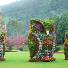 Three, Owls, decoration, Flower, Garden