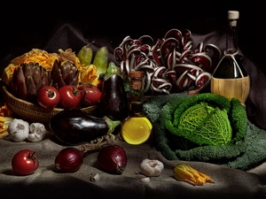 tomatoes, vegetables, onion, Aubergine, Bottle, Wine, cabbage, garlic, artichokes