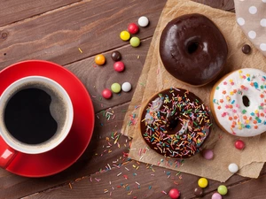 boarding, red hot, Three, Drops, donuts, coffee, cup, tea-towel, paper, Donuts