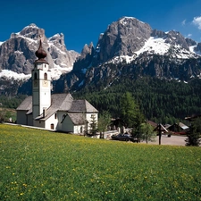 Meadow, Church, tower, Mountains