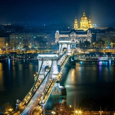 panorama, town, Hungary, Night, Danube, bridge, River, Budapest