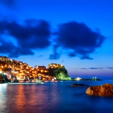 sea, illuminated, Town, Hill