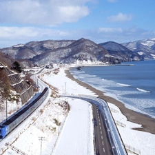 Train, winter, Mountains, Way, River