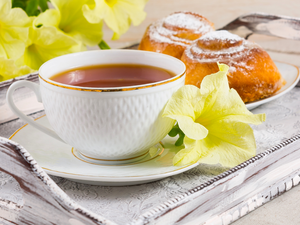 cup, plate, Flowers, Buns, Yellow, White, tea, Tray
