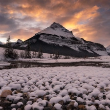 viewes, Mountains, Alberta, trees, winter, clouds, Canada