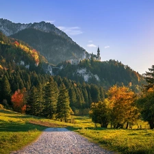 autumn, Germany, viewes, trees, rocks, Sunrise, Way, Neuschwanstein Castle, Bavaria, The Hills, Mountains